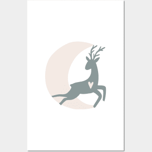 Crescent Moon and Deer With Wild Flowers in Putty and Sage Boho Nursery Colors Posters and Art